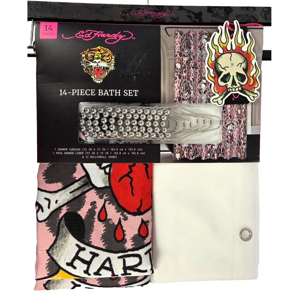 Ed Hardy 14 Piece Bath Set Shower Curtain Liner Hooks Pink Tiger Skull New